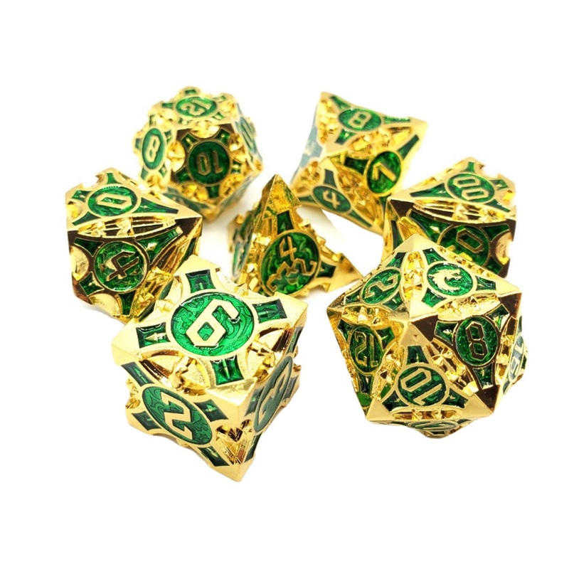 Old School Metal Dice Set: Gnome Forged - Gold w/ Green (7)