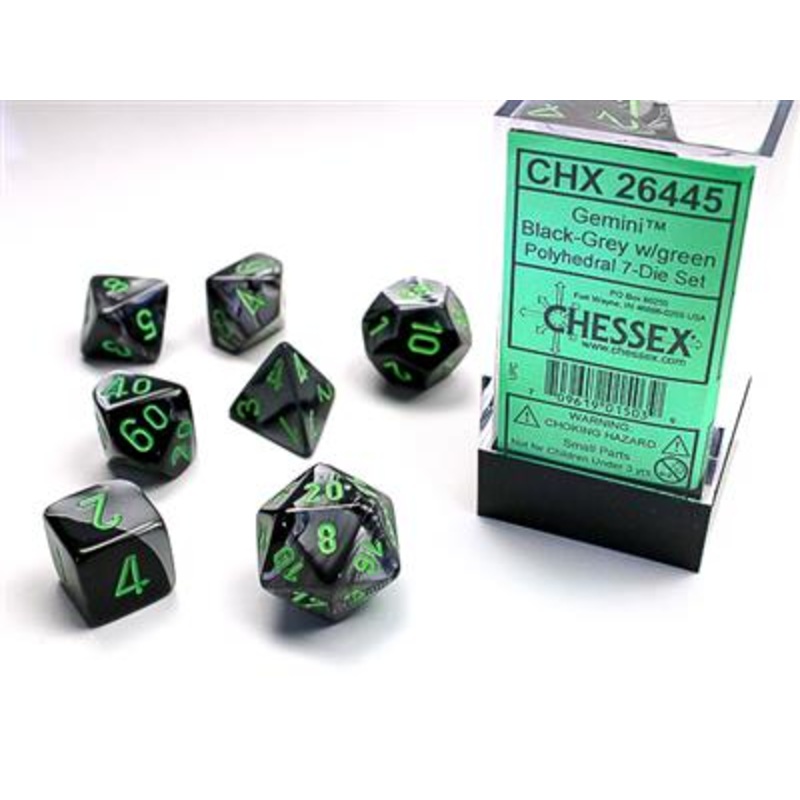 Chessex Dice Set: Gemini Black-Grey/Green Set (7)