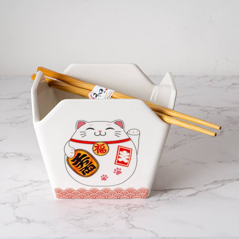 Takeout Box Serving Bowl with Chopsticks Lucky Cat