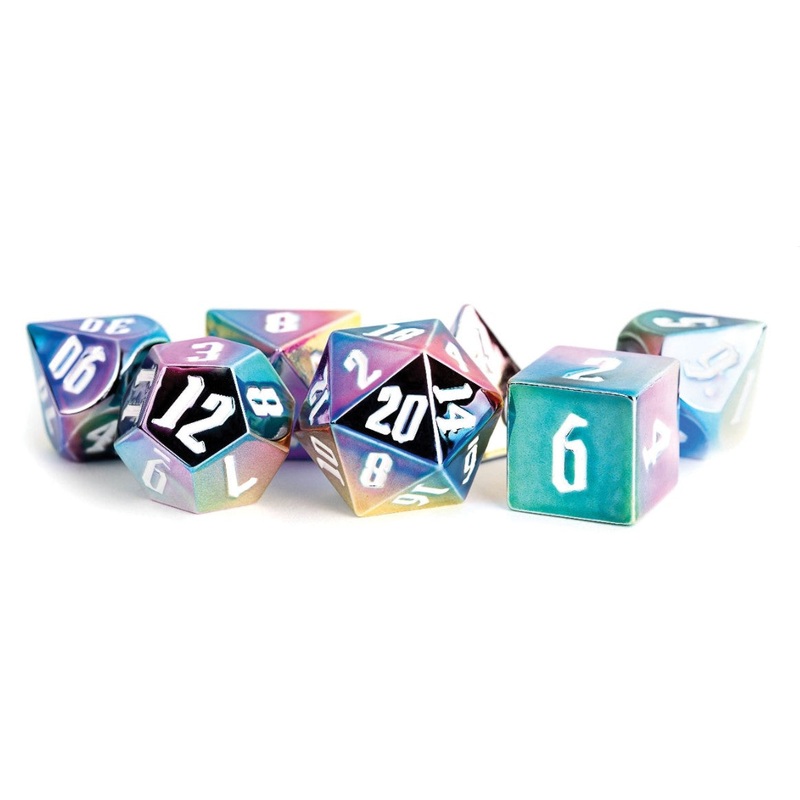 Metallic Dice Games Aluminum Plated Dice Set: Rainbow Aegis w/ White (7)