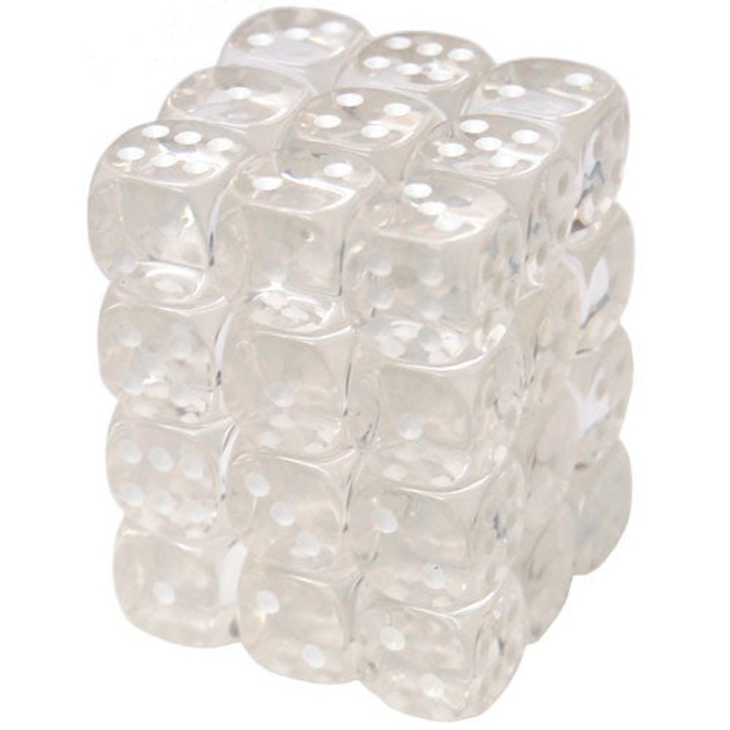 Chessex 12mm d6 Set: Translucent - Clear w/White (36)